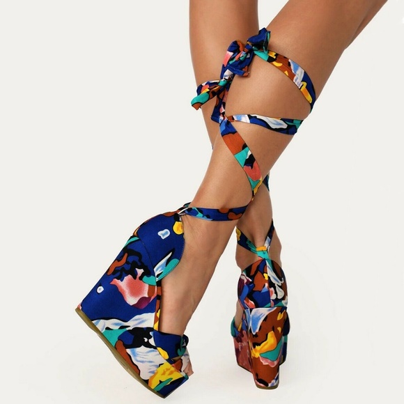 New Lace Up Open Toe Sandal Wedge Platform Heel - Picture 4 of 5